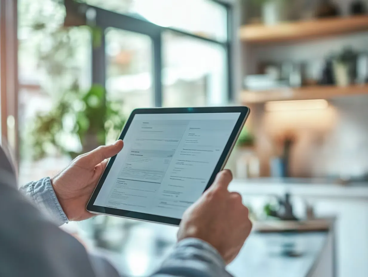 Professional surveyor reviewing property report on tablet